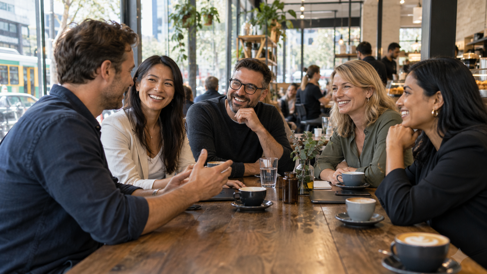 Melbourne business owners talking together at a cafe