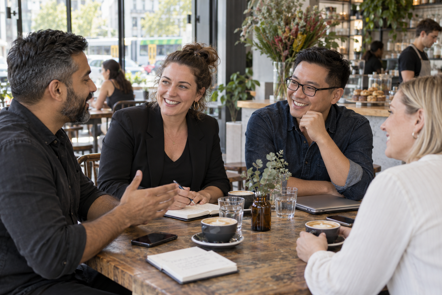 Service business owners discussing ideas at a cafe table